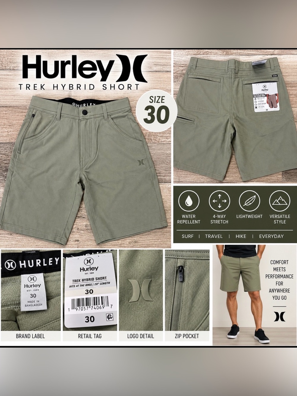 Hurley Men’s Trek Hybrid Shorts Size 30 Olive Green NWT